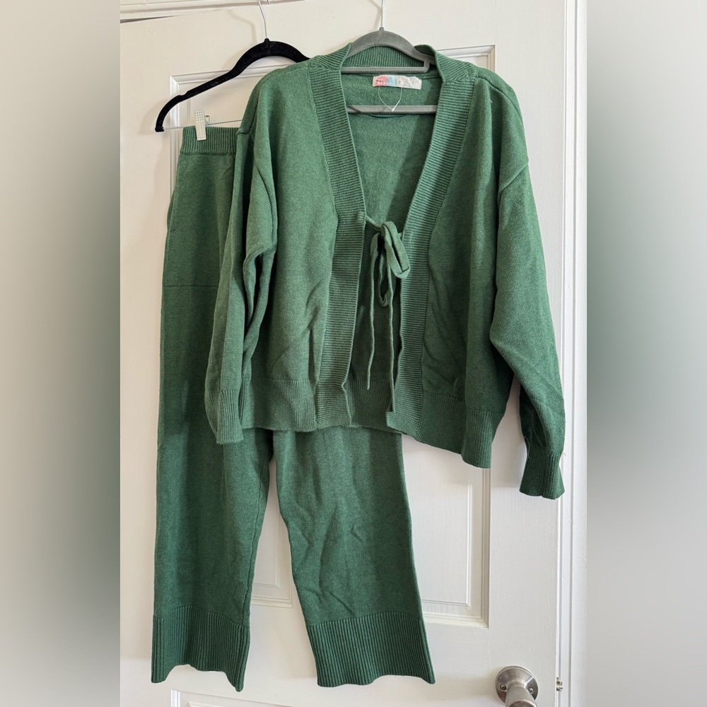 Free People Green Knit Cardigan and Pants Set